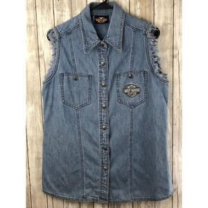 Harley Davidson Women's L Denim Sleeveless Embroidered Snap Button Vest EUC